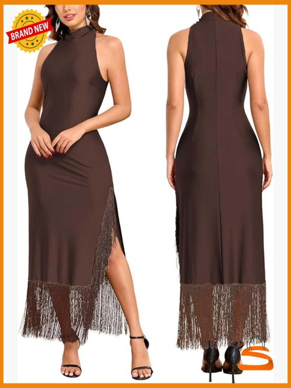 Vintage Flapper Maxi Dress High Neck Tassels Split Sleeveless Formal Gown